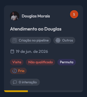Card de atendimento e pipeline de oportunidades na plataforma habitvs