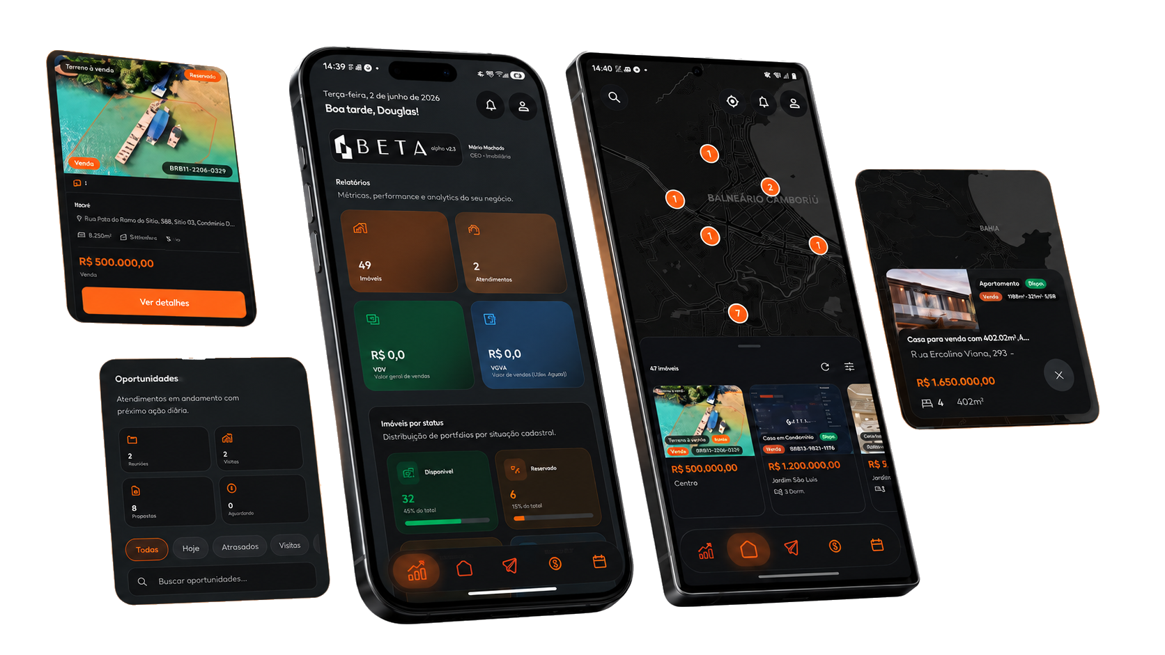 App habitvs: detalhe do imóvel, mapa com pins e grade de propriedades